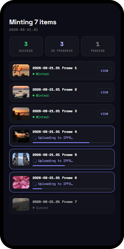 Momints minting screen showing frames uploading to IPFS