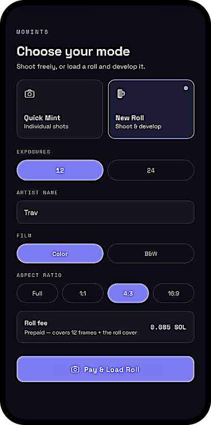 Momints mode select screen — choose Quick Mint or load a New Roll